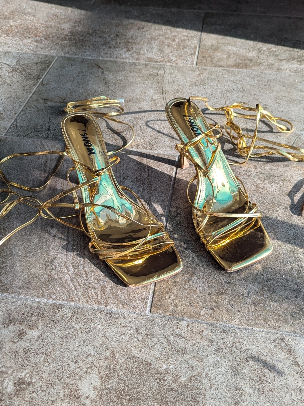 Lace-Up Metallic Gold Strappy Heeled Sandals - Women